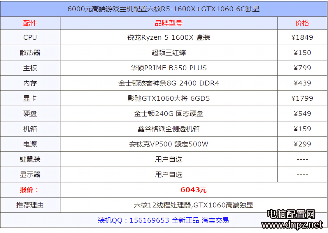 玩游戏的组装主机配置